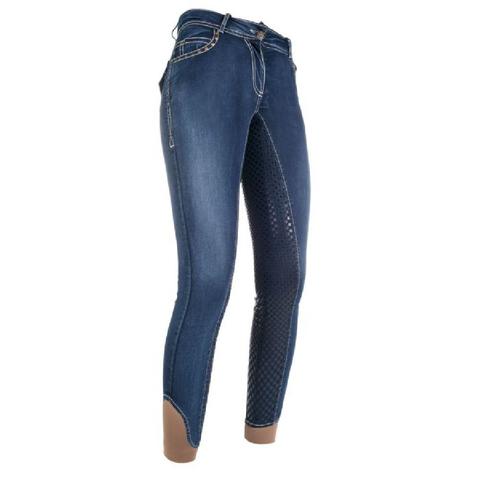 Bryczesy z lejem silikonowym HKM Pasadena Denim niebieskie jeansowe