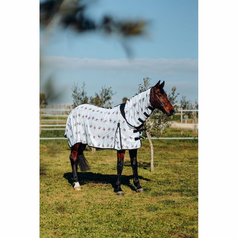 Derka siatkowa Horze Defender z kapturem biała w muchy