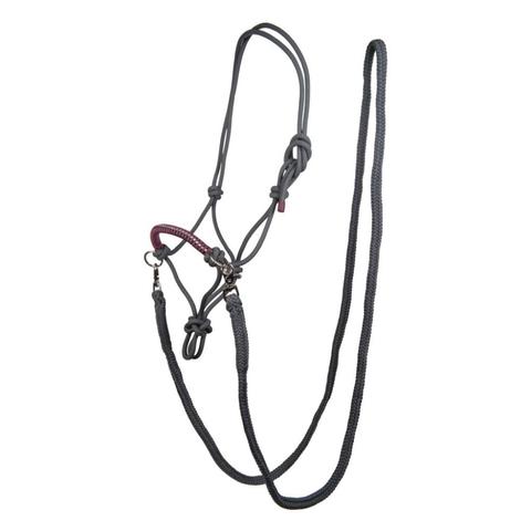 Kantar sznurkowy z wodzami i wzmocnionym nachrapnikiem HKM Strass szaro-bordowy