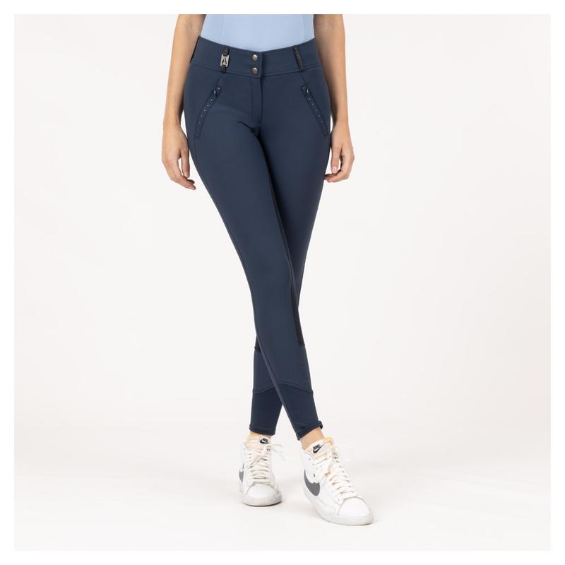 Bryczesy damskie Anky ze skórzanym lejem granatowe