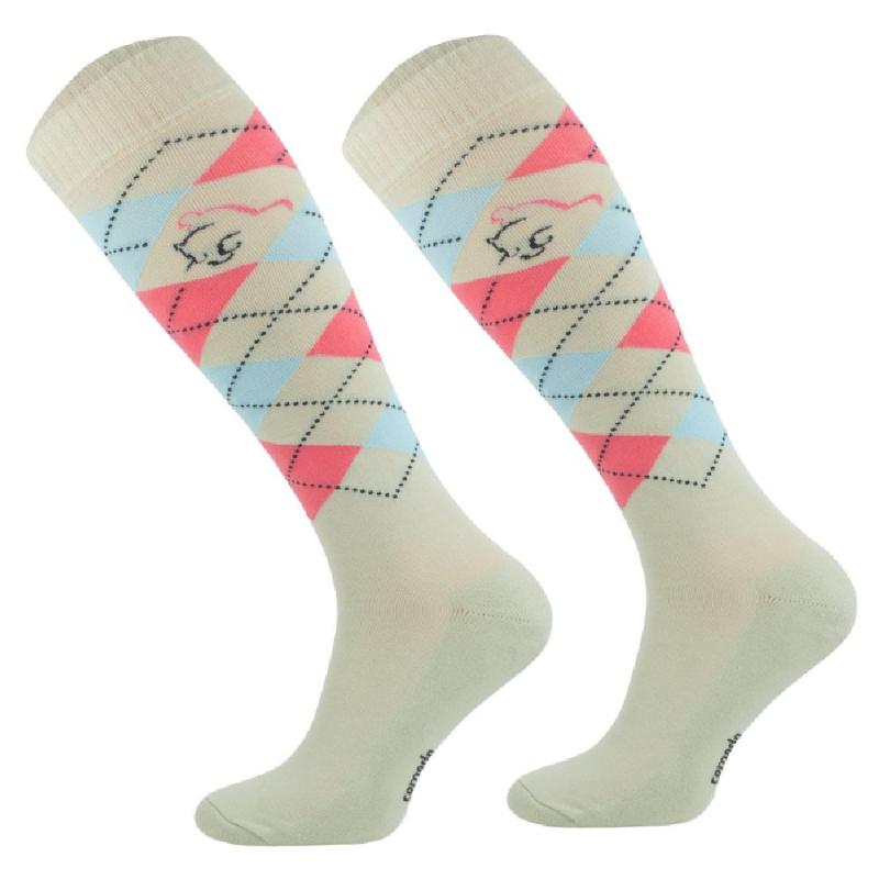 Skarpety Comodo bawełniane w romby beżowo-błękitno-koralowe