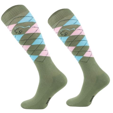Skarpety Comodo bawełniane w romby khaki-błękitny-różowy