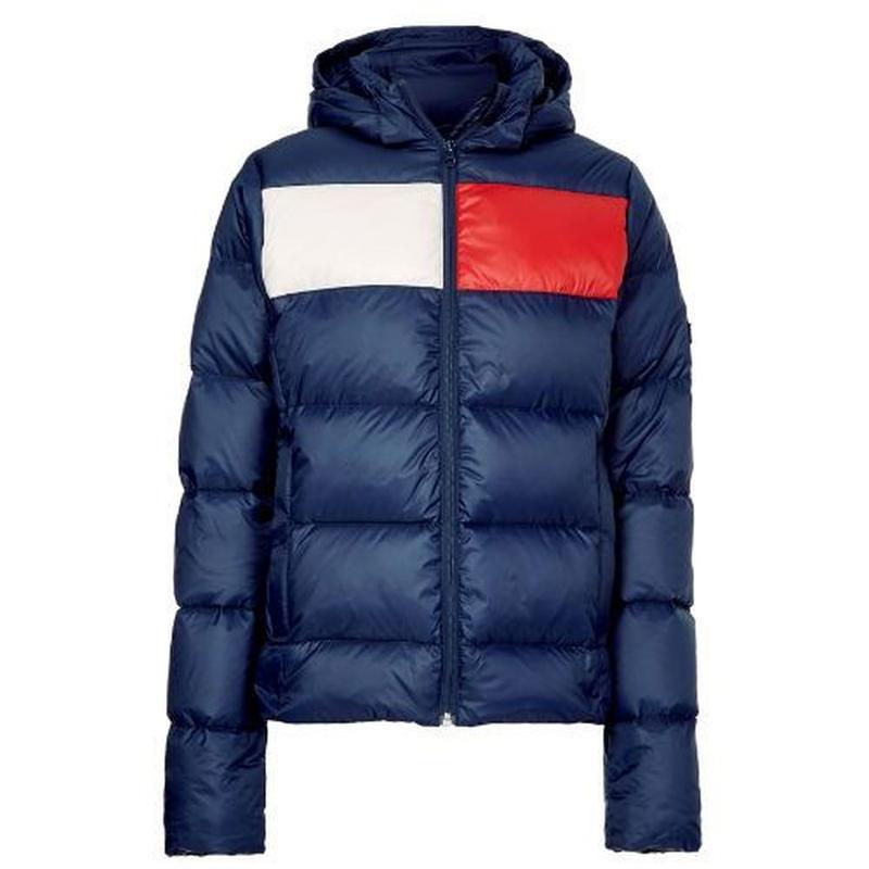 Kurtka zimowa damska z kapturem puchowa Tommy Hilfiger Equestrian Desert Sky, granatowa