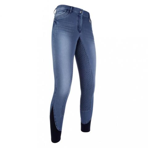 Bryczesy damskie z silikonem HKM Piemont Jeggings niebieskie-jeansowe