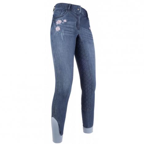 Bryczesy młodzieżowe z silikonem HKM Flower Denim niebieski jeansowy