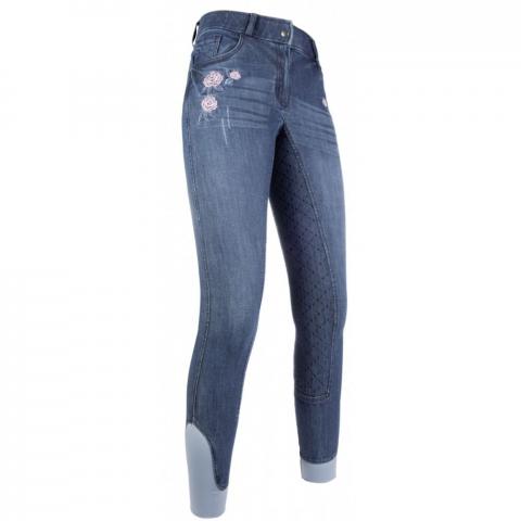 Bryczesy młodzieżowe z silikonem HKM Flower Denim niebieski jeansowy